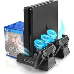PS4 / 슬림 프로용 URWOW 수직 스탠드 - 12pcs 게임 저장 공간이 있는 PlayStation 4 충전기 컨트롤러 충전소가 쿨링 팬(블랙)