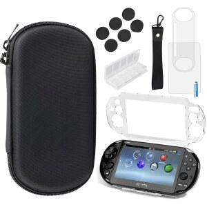 PS Vita 2000 슬림용 12-in-1 액세서리 키트 - 전면 및 후면 보호대가 있는 블랙 케이스, PSV 2000용 크리스탈 보호 커버, 6Pcs 엄지 그립 캡, 카드 박스, 손목 밴드 걸이 로프