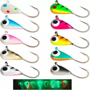 스키파엘프 10pcs 텅스텐 얼음 낚시 지그 UV 광채 민감한 눈물 방울 헤드를 크래피 팬피쉬 월로 유인합니다