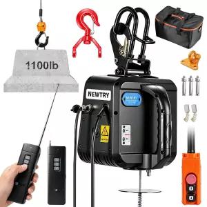 NEWTRY 전기 호이스트 프로 싱글/더블 훅 1100파운드 윈치 110v 120v 2 무선 리모컨 및 차고 창고 공장용