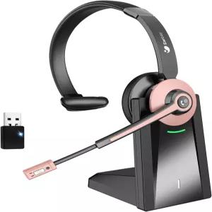 업무용 마이크가 있는 무선 헤드셋 회의용 노이즈 캔슬링 블루투스 및 USB 동글 충전 베이스가 싱글 이어