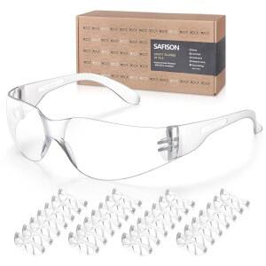 SAFISON 안전 안경 벌크 28팩 충격 및 스크래치 방지 투명 보호 안경, 건설, 너프, 사격, 병원, 스포츠용 폴리카보네이트 PPE 고글 착용