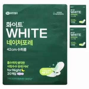 화이트 네이처포레 수퍼롱 오버나이트 42 생리대 날개형 20개입 3팩