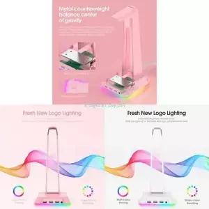 E74D RGB 헤드폰 스탠드 35mm AUX 및 3 USB 포트 게이머 데스크탑 테이블 게임 이어폰 용 휴대용 헤드셋