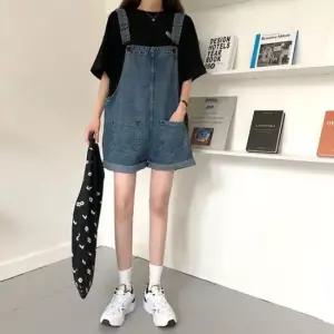 셀럽하우스 여자 데일리 귀여운 루즈핏 롤업 데님 멜빵 반바지