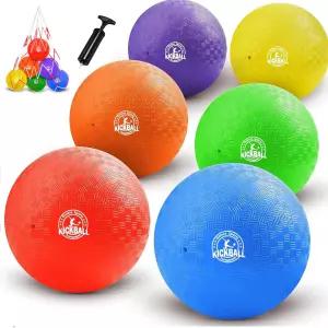 85인치 킥볼 세트 닷지볼 6팩 및 놀이터 볼 바운시 펌프 보관 가방 야외 실내 게임용 핸드볼 선물 상자