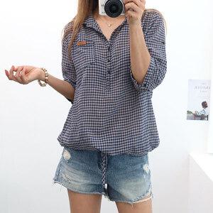 여성 23S 여름 잔 체크 반오픈 롤업 미시 루즈핏 반팔 남방 셔츠 블라우스
