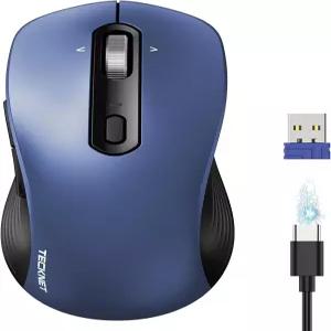 TECKNET 충전식 블루투스 마우스 USB BT5.0 무선 인체공학적 4방향 스크롤 휠 컴퓨터 6레벨 4800 DPI 무음