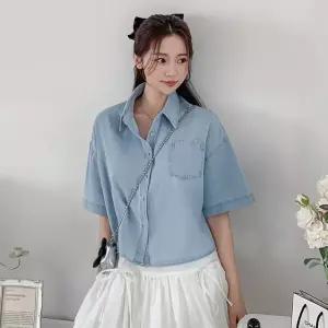 여성 여름 세미 크롭 반팔 데님 셔츠 청 남방 HJK0116 빅사이즈 루즈핏 오버핏