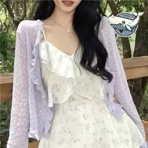 프릴 포인트 니트 카디건 여름 캐주얼 여성 용 카디건 썸머 숄 가디건 볼레로 여름 얇은 로브