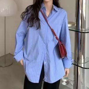 블루톤 스트라이프 셔츠 오버핏 베이직 봄가을 남방 롱셔츠 스트라이프셔츠 (WEE92AE)