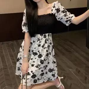 셀럽하우스 검정 장미 무늬 스퀘어넥 라인 여름 원피스 단정한룩