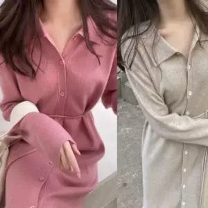 셀럽하우스 루즈핏 니트 원피스 카라 단추 허리끈 겨울 하객 데일