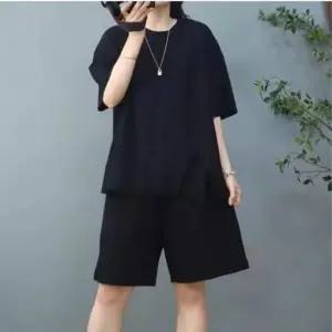 셀럽하우스 캐주얼 트리플 컷 반팔 반바지 세트 허리 밴딩 투피스