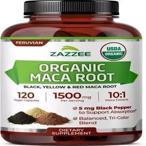 Zazzee USDA 유기농 마카 루트 10 1 추출물 레드 블랙 옐로우 1회 제공량당 1500mg 페루산 비건 캡슐 120개