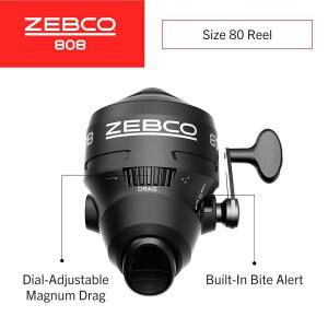 Zebco 808 스핀캐스트 낚시 릴, 사이즈 80 릴, 변경 가능한 오른쪽 또는 왼쪽 리트리브, 20파운드 Zebco 낚싯줄 프리 스풀링, 다이얼 조절 가능한 매그넘 드래그, 블랙