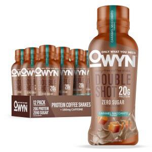 OWYN Only What You Need Double 20g, 마키아토 프리, 180mg, 카페인 캐러멜 단백질 Shot 0g, 음료, 쉐이크, 식물성 섬유질 맛 12개입 3g, 설탕 유제품
