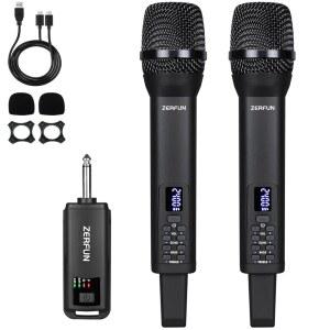 ZERFUN 듀얼 충전식 무선 마이크, 노래방 노래 교회 파티를 위한 에코 트레블 BASS VOL 제어 기능이 있는 프로 핸드헬드 1/4인치 출력, 블랙