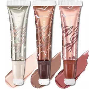 포카루어 3PCS 리퀴드 컨투어 스틱 보습 형광펜 블러셔 및 브론저 부드러운 쿠션 어플리케이터가 있는 실크