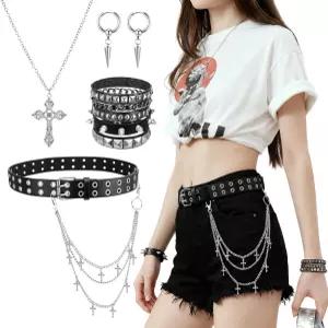 스타 체인 펑크 그룬지 고딕 이모 액세서리가 있는 JATEBI 8Pcs Y2K 블랙 스터드 벨트 및 주얼리 세트 조절