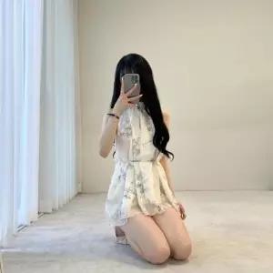 [옷자락]여자 홀터넥 쉬폰 블링 셔링 레이어드 나염 미니원피스