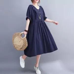 플레어원피스 여성 여름 프릴 포인트 린넨 혼방 반팔 플레어 원피스