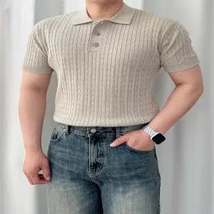 [루플릭]코지 남자 냉감 시원한 쿨링 아이스 꽈배기 린넨 헨리넥 카라 반팔니트