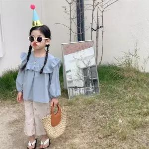 *특가* 여누키즈 키즈 아동복 여아용 자수 프릴 긴팔 블루 순면 블라우스 등원 등교 룩 복 데일리 캐쥬얼