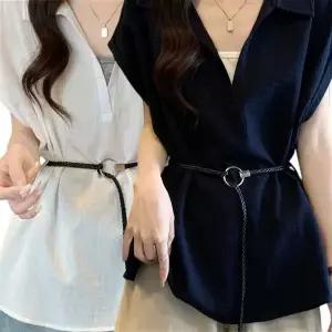 [1+1] [단품] 옵션선택 반팔티 반팔 블라우스 빅사이즈 노슬리브 린넨 벨트 여성 루즈핏 캐주얼 데일리 오