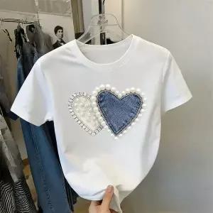 [단품] [1+1] 옵션선택 반팔티 반팔 블라우스 하트 진주 다이아 장식 오버핏 캐주얼 반팔티셔츠	SDF050625