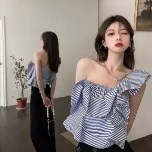 언밸런스 오프숄더 셔츠 여자 여름 쇼트 셔츠 프릴 반팔 톱