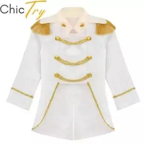작은 소년 왕자 코스프레 의상 긴 소매 골드 프린지 땋은 벨벳 턱시도 Tailcoat 로얄 코트 자켓 드레스