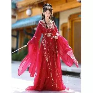 빈티지 Hanfu 여성 중국어 번체 무대 댄스 드레스 요정 코스프레 의상 세트 빨간색 우아한 공주