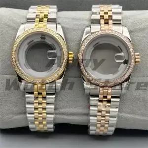 31mm 사파이어 유리 장식 다이아몬드 여성 시계 케이스 NH05 무브먼트에 맞는 2 톤 실버 골드 로즈 스틸