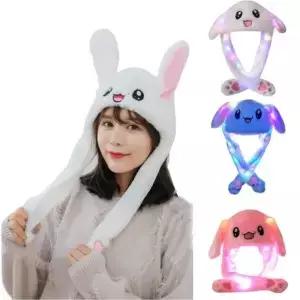 귀여운 동물 코스프레 모자 새로운 플러시 토끼 발을 누르면 귀가 튀어나오는 발광 움직이는