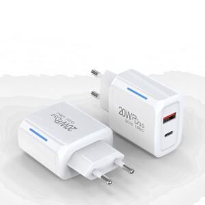 20W EU 듀얼 포트 고속 충전기, Type-C + USB-A 18W 유럽 벽면 PD3.0/QC3.0, iPhone, Samsung, iPad 태블릿