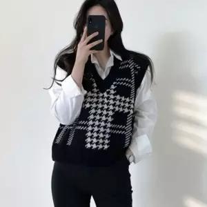 니트조끼 니트베스트 여자 여성옷 여성조끼 체크 베스트 브이넥