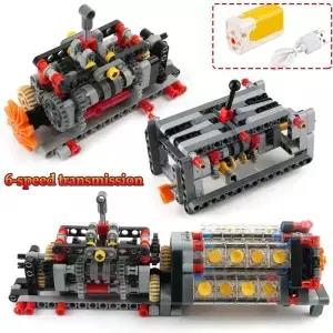 MOC 6 단 기어 박스 차동 기술 빌딩 블록 부품 변속기 어셈블리 호환 모터 DIY 벽돌 장난감