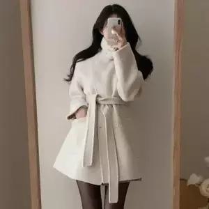 하프 모직 빈티지 캐주얼 여사친 모직코트 하이넥 더블 스트랩 코트 OP1