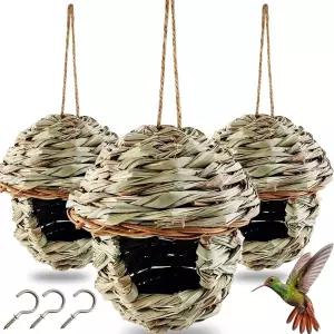 TIHOOD 3PCS 벌새 집 야외용 손으로 짠 새 둥지 작은 풀새 핀치 카나리아 치카디를 위한 천연 섬유 오두막