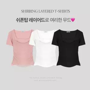 핫핑 [하객룩/슬림핏] 카인즈 쉬폰탑 주름지 셔링 레이어드 반팔티셔츠 블라우스