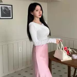 [하프클럽/]여자 클래식 뒷밴딩 새틴 머메이드 롱 스커트