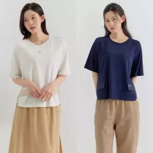 지센 여성 여름 이월상품 포켓 패치 스몰 포인트 자수 5부 티셔츠 LCTSP521