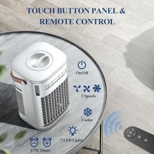 미니 에어컨, 휴대용 에어컨 AC w/원격, USB 충전, 1.2L 물탱크 및 아이스박스 2개, 자동 꺼짐 타이머, 3단 증발식 에어컨, 실외용 데스크탑 개인 선풍기
