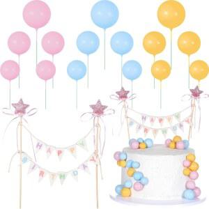 ForraFun 16개 생일 축하 케이크 토퍼 케이크 번팅 토퍼 배너, 우드 폴 레인보우 갈랜드, 보우 리본 풍선 컵케이크 장식 (핑크, 블루, 옐로우)