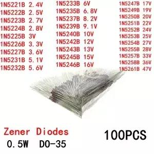 100pcs 1N5255 1N5222 1B5233B 1N52XX 제너 다이오드 0.5W (500mW) DO35 2.4V