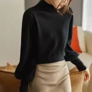 봄 가을 여성 퍼프소매 하프터틀넥 반목 폴라티셔츠 롱티셔츠 프린팅반팔티 (WE5DDD1)