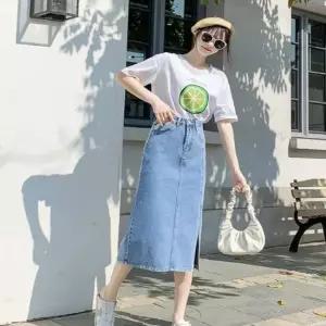 셀럽하우스 여성 사계절 앞트임 슬림핏 데님롱스커트 청롱스커트
