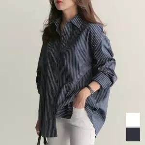 셀럽하우스 여성 깔끔한 세로 스트라이프 기본 셔츠 루즈핏 남방