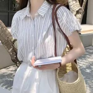 셀럽하우스 은창 파도 소리 스트라이프 캡소매 블라우스 셔츠 여름 상의 퍼프 반팔 티셔츠